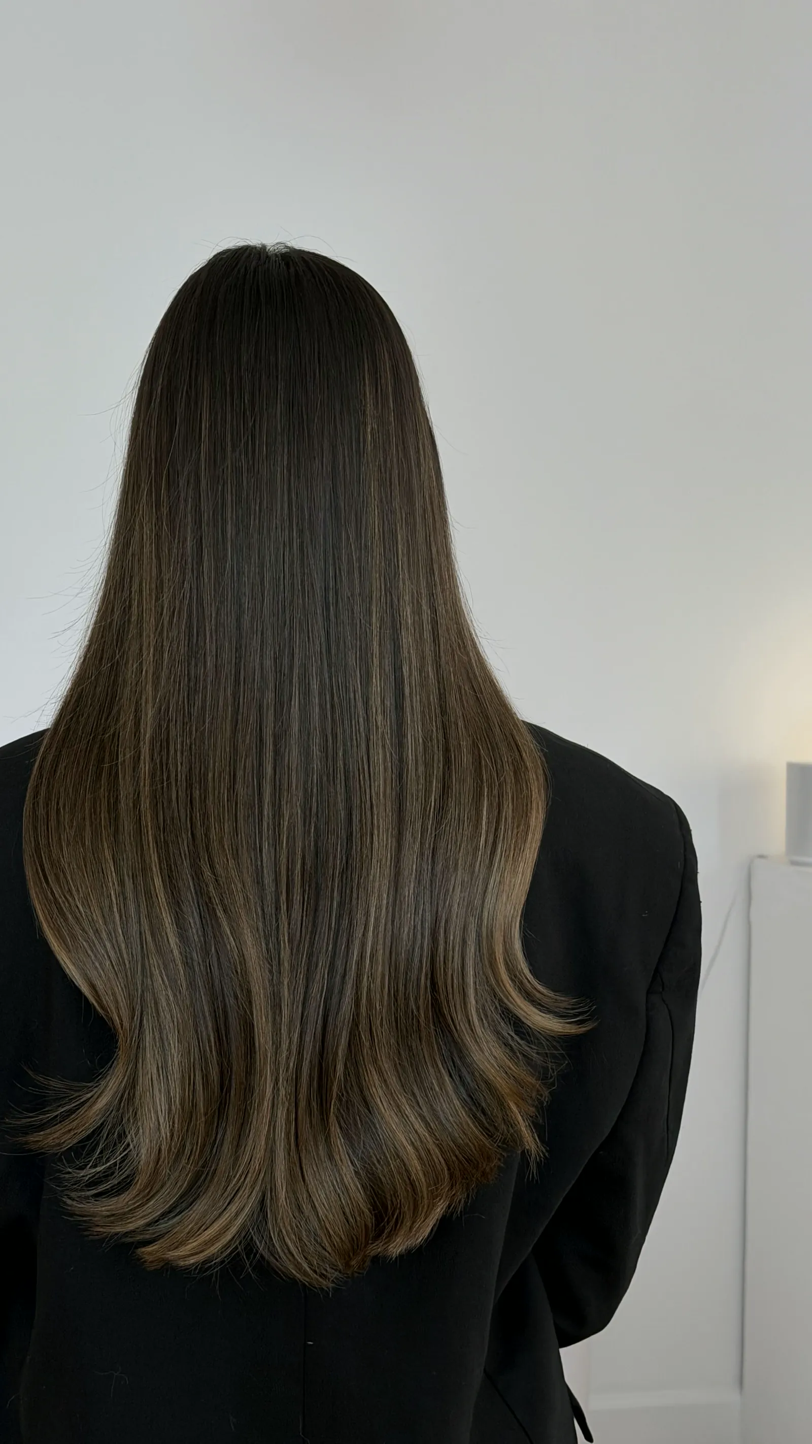 Long, sleek bronde from behind, with caramel ribbons through the ends